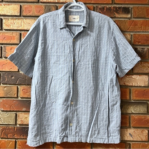 Folk Men's Harris Linen Blend Blue Striped Button Down Shirt - Picture 2 of 5